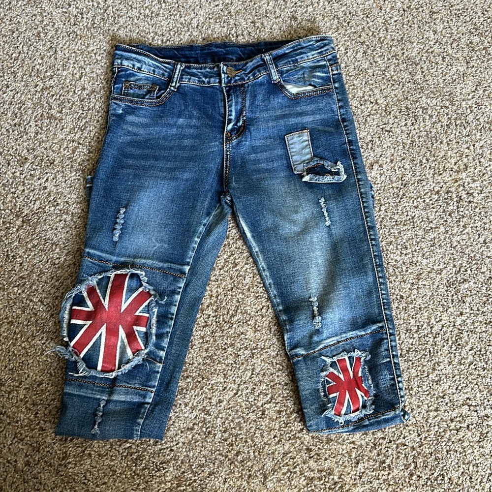 Blue Skinny Jeans with Flag Patch Knee Detail - Picture 4 of 8